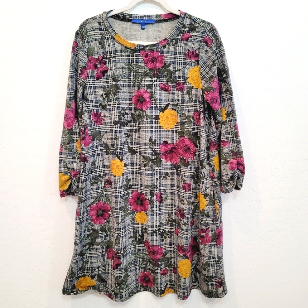 💕 Apt. 9 Plaid & Floral Print Gray Dress Women's Size Large
